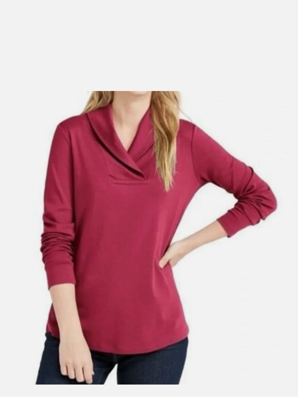 L.L Bean long-sleeve burgundy pullover featuring a cozy shawl collar.